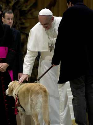 Papa acaricia cão durante sessão de cumprimentos a presentes na audiência Foto: AP