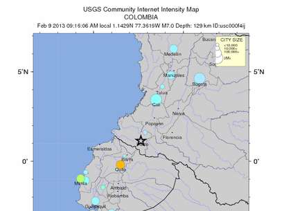 Estrela em preto na imagem do USGS mostra epicentro do tremor na Colômbia  Foto: EFE