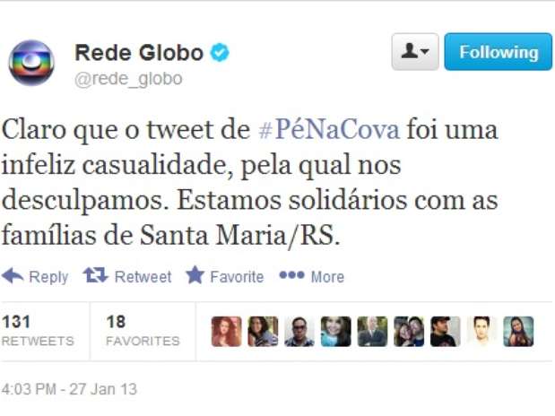 Em seu perfil oficial, a Rede Globo se desculpou por mensagem \