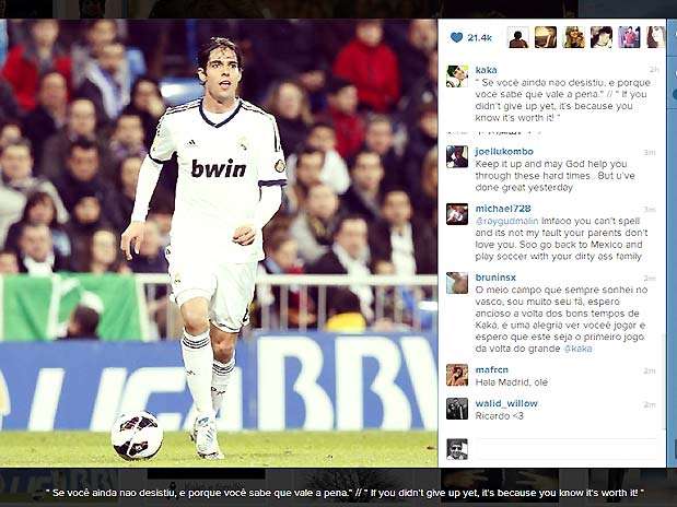 Kaká recebeu apoio de internautas depois de postar mensagem no Instagram Foto: Instagram / Reprodução