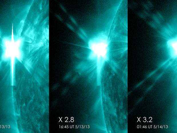 Imagem divulgada pela Nasa mostra três erupções solares que ocorreram em 24 horas Foto: Nasa / Divulgação