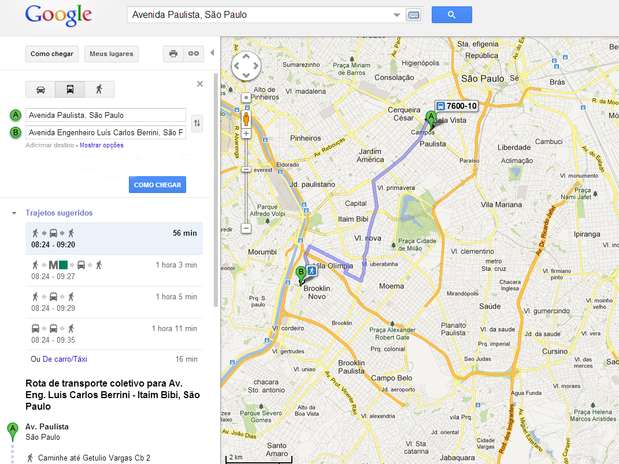 O serviço atual do Google indica qual ônibus o passageiro deve usar para o trajeto Foto: Reprodução