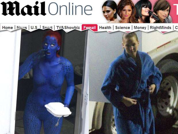 Jennifer Lawrence foi fotografada vestida da personagem Mística, de 'X-Men', e depois sem a maquiagem Foto: Daily Mail / Reprodução