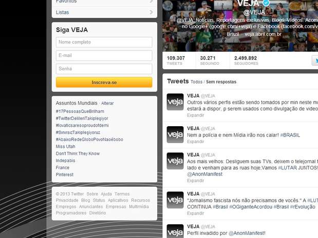 O perfil da revista Veja foi invadido no início da tarde desta segunda-feira Foto: Reprodução