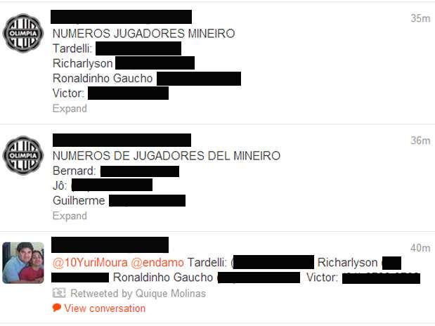 Ao longo da madrugada, páginas do Twitter e Facebook divulgaram supostos celulares de atleticanos Foto: Twitter / Reprodução