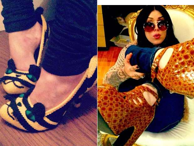 A tatuadora Kat Von D é adepta a colocar fotos de sapatos no Instagram. Na foto, salto com cara de gatinho  Foto: Instagram / Divulgação