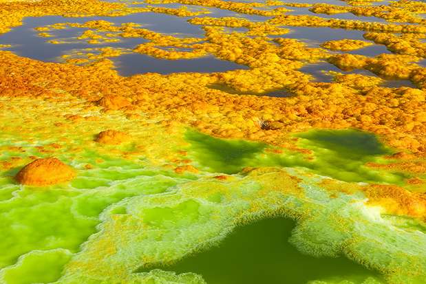 Dallol, Etiópia: nesse ponto da depressão Denakil, a África desce a uma profundidade de 116 metros abaixo do nível do mar e apresenta temperaturas elevadas. Dallol tem a mais alta temperatura média do ar em todo o mundo, calculado em 34,4 °C Foto: Divulgação