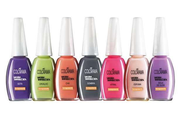 Coleção Viagem Translúcida: a nova linha de esmaltes da Colorama tem brilho natural e é a primeira de esmaltes coloridos com acabamento transparente.. A coleção é composta por sete cores: Bola de Gude (lilás), Chá (laranja), Espuma (branco), Orvalho (verde aberto), Gota (roxo claro), Sombra (fumê) e Vitral (rosa delicado) Foto: Divulgação