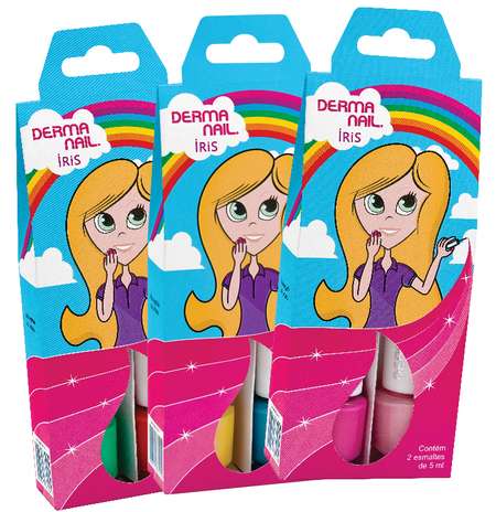 Derma Nail Iris: esta nova linha de esmaltes traz embalagem temática que remete à infância e possui vidrinhos de 5 ml. A coleção vem em três versões com duas opções de cores em cada embalagem: Poderosa e Dócil (rosa escuro e rosa claro), Iluminada e Dream (amarelo metálico e azul) e Balanço e Desinibida (laranja metalizado e verde Foto: Divulgação
