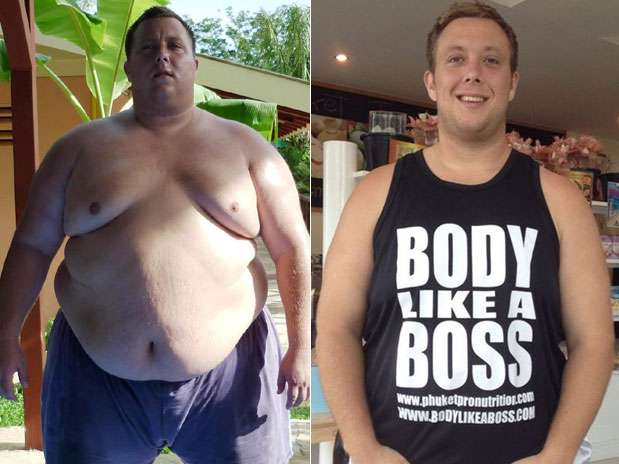 Em 2011, o britânico James Mason recebeu uma previsão médica de apenas cinco anos de vida por conta de sua obesidade mórbida. Com 27 anos e quase 250 kg, a sentença de morte fez com que ele mudasse de vida e mudasse para Tailândia para praticar boxe. Hoje, um ano e meio depois, ele perdeu 143 kg e exibe um corpo novo Foto: Faceook / Twitter / Divulgação