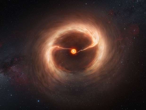 Concepção artística mostra o disco e fluxos de gás em torno da HD 142527 Foto: ESO Concepção artística mostra o disco e fluxos de gás em torno da HD 142527 Foto: ESO