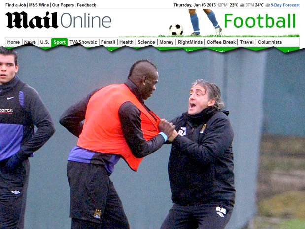 Mario Balotelli e Roberto Mancini tiveram rusga pesada em treino do Manchester City Foto: Daily Mail / Reprodução