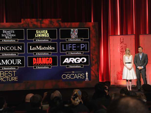 Emma Stone e Seth Macfarlane apresentaram indicados ao Oscar nesta quinta-feira Foto: Getty Images Emma Stone e Seth Macfarlane apresentaram indicados ao Oscar nesta quinta-feira Foto: Getty Images