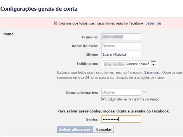 A rede social passou a bloquear tentativa de incluir a etnia entre os nomes do usuário Foto: Reprodução A rede social passou a bloquear tentativa de incluir a etnia entre os nomes do usuário Foto: Reprodução