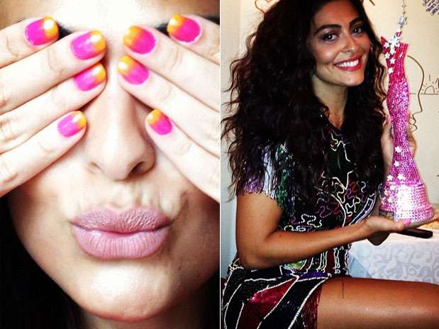 \"Minhas unhas tie dye para o verão\", escreveu Juliana Paes ao publicar foto com esmalte rosa e amarelo Foto: Instagram / Divulgação