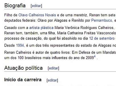 Biografia foi alterada na manhã desta sexta-feira, com a inclusão de ofensa à mãe de Renan Foto: Wikipédia / Reprodução
